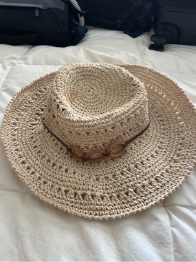 Woven Straw Sun Hat with Bracelet Accent - Neutral Beige